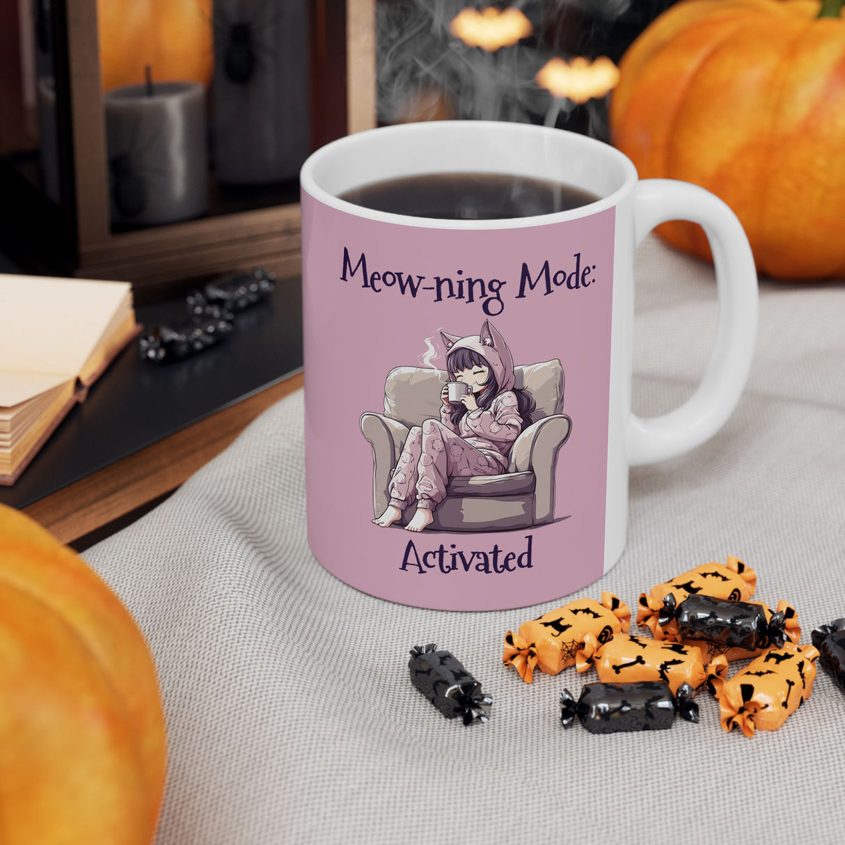 Meow-ning Mode Activated Mug – Kawaii Cat Girl Coffee Mug for Bookworms & Cozy Mornings