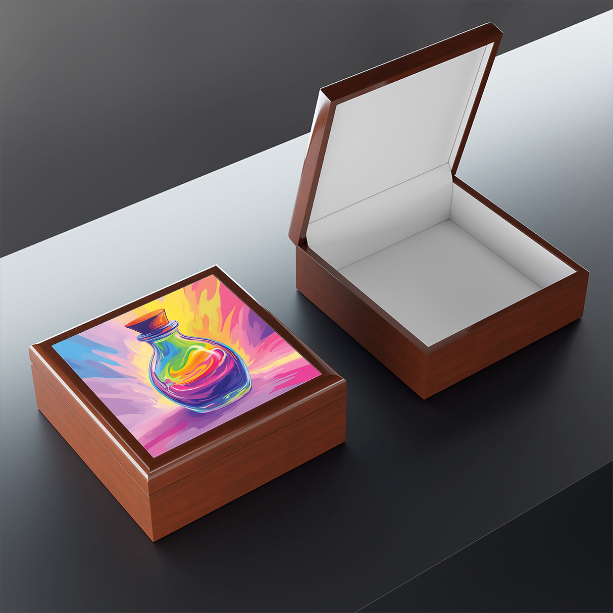 Fantasy Potion Jewelry Box – Magical Wooden Keepsake with Rainbow Potion Art | Bookish Gift for Fantasy Lovers