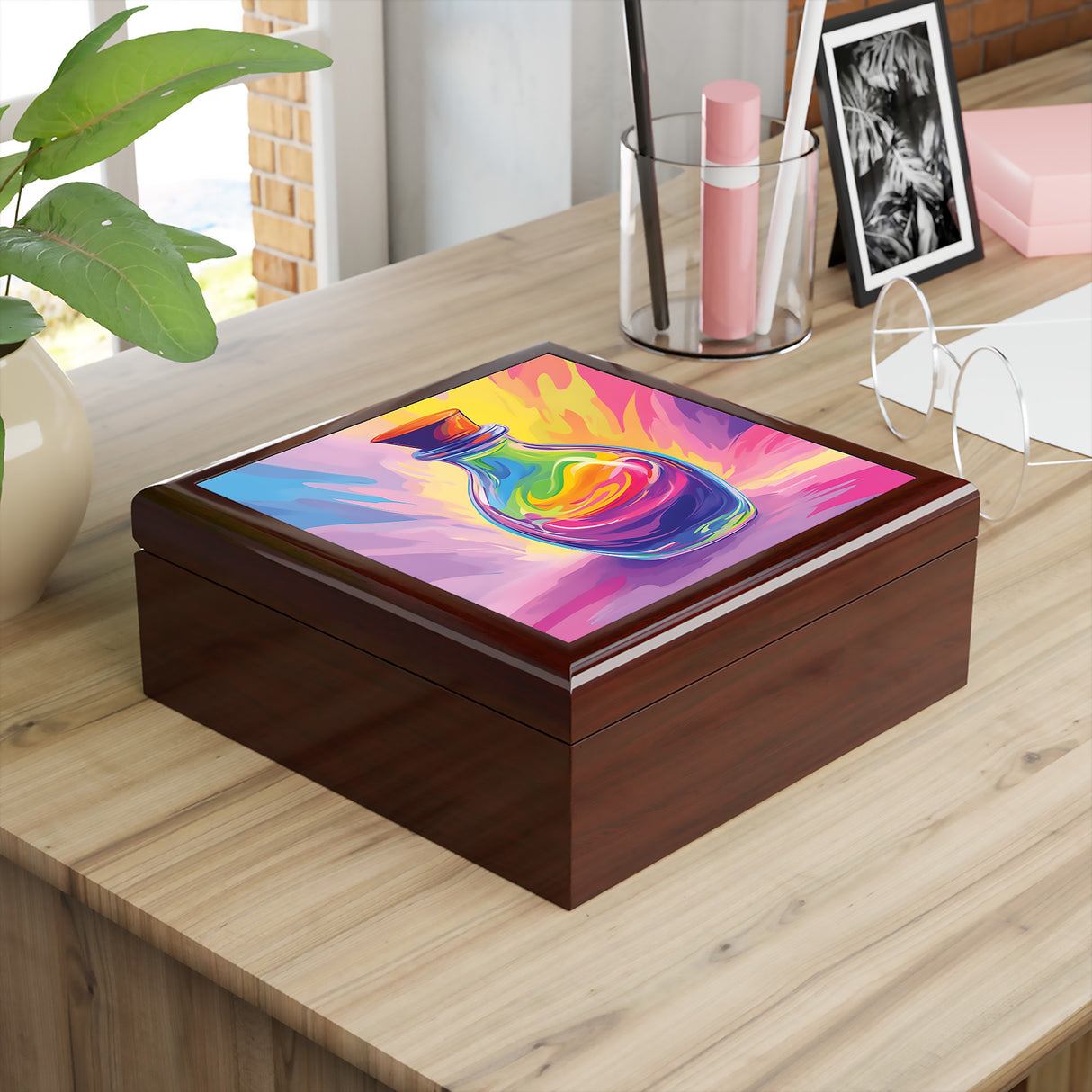 Fantasy Potion Jewelry Box – Magical Wooden Keepsake with Rainbow Potion Art | Bookish Gift for Fantasy Lovers