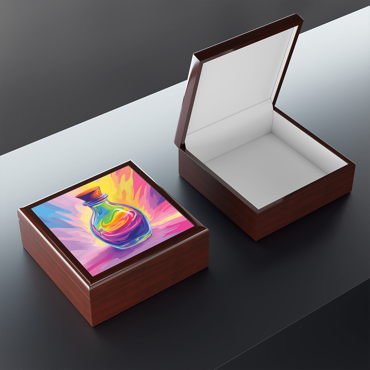 Fantasy Potion Jewelry Box – Magical Wooden Keepsake with Rainbow Potion Art | Bookish Gift for Fantasy Lovers